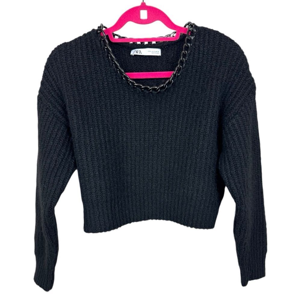 🥑5/$25 Zara Chain Neck alpaca blend cropped fuzzy Sweater Size Small Black